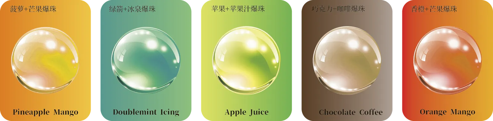 BLAST capsule flavor beads: Pineapple Mango, Doublemint Icing, Apple Juice, Chocolate Coffee, Orange Mango