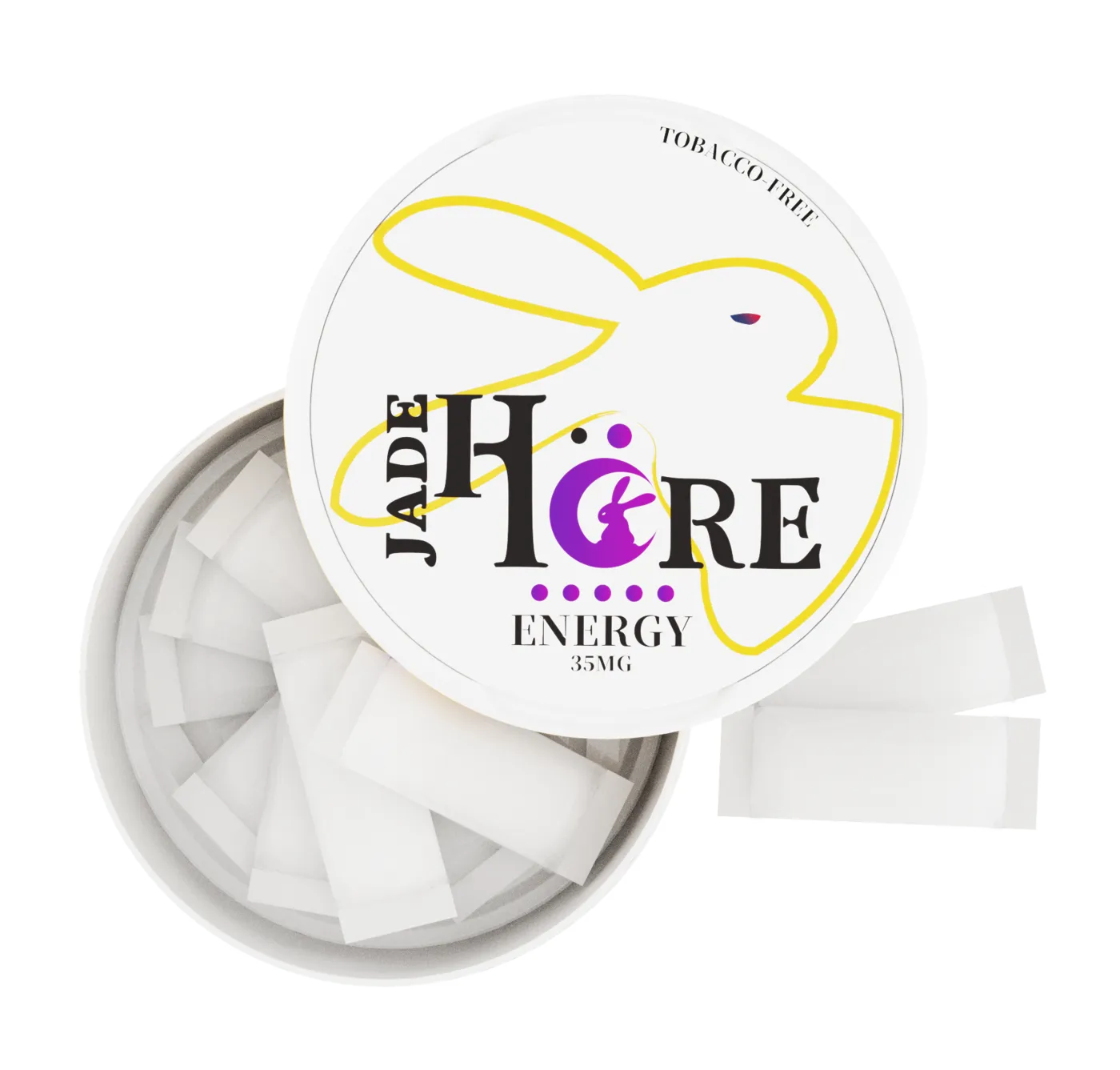 Open JADEHARE Energy nicotine pouch can showing white pouches